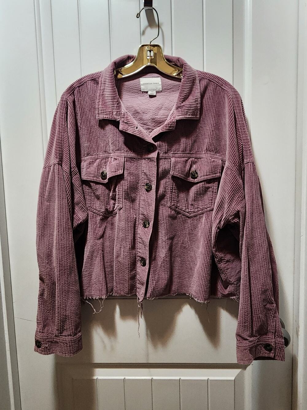 American Eagle Shirt Womens L Pink Purple Corduroy Button Up Cropped Fringed